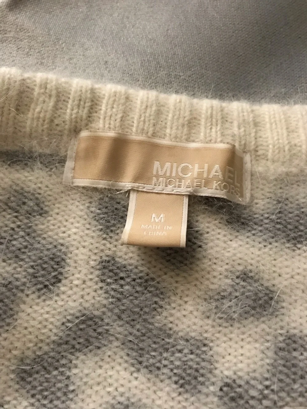 Michael Kors White and Gray Leopard Angora Sweater